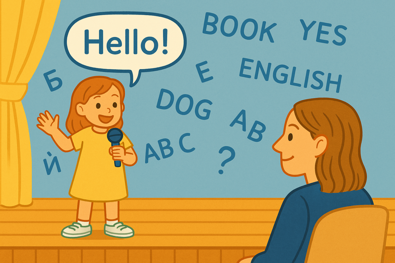 小さなステージの上で英語を話している子ども