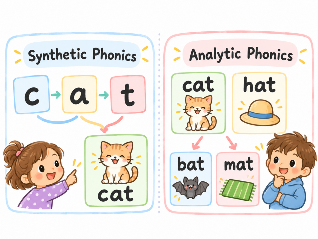 Synthetic PhonicsとAnalytic Phonicsの違いを比較したイラスト