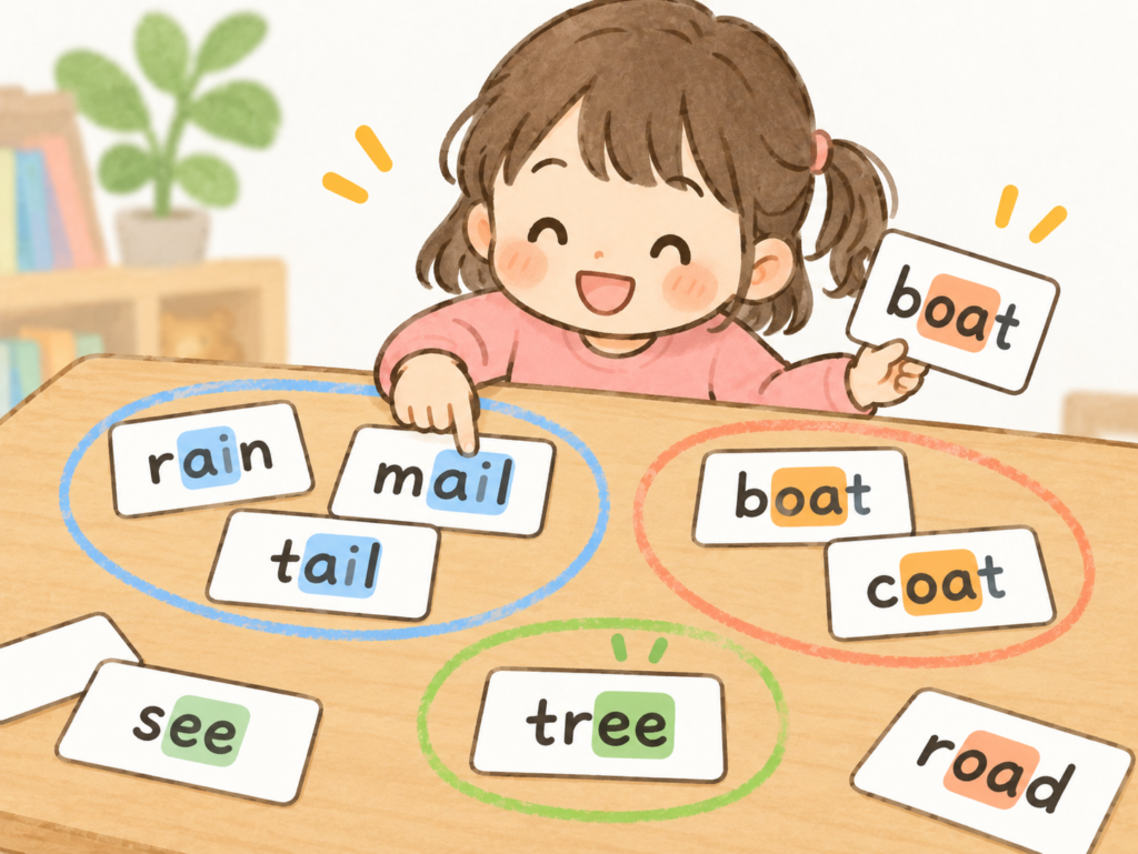 机の上に rain / mail / tail / boat / coat / tree のカード