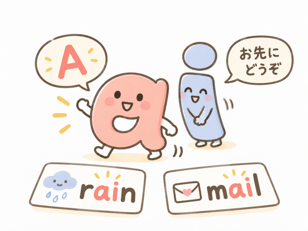 iさんがaさんに、お先にどうぞ、と譲っている