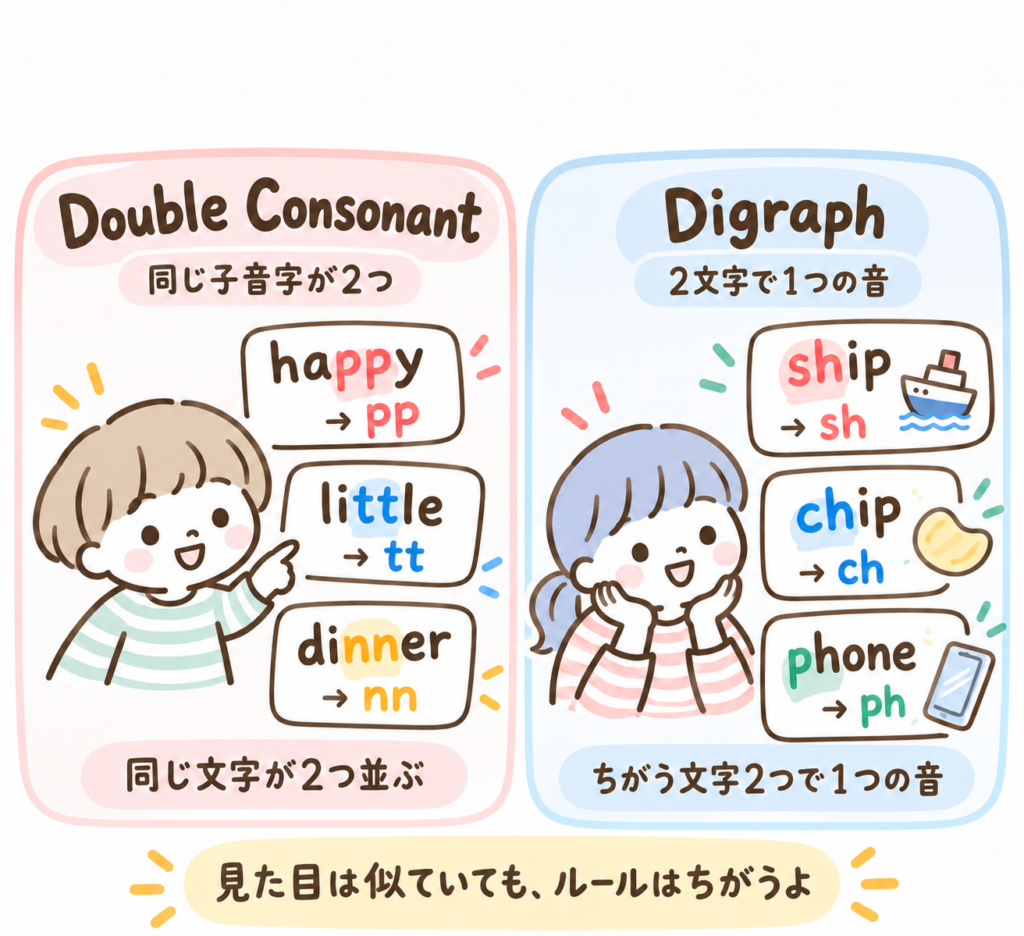 左に「Double Consonant：pp tt nn」 右に「Digraph：sh ch ph」 という2カラム比較図