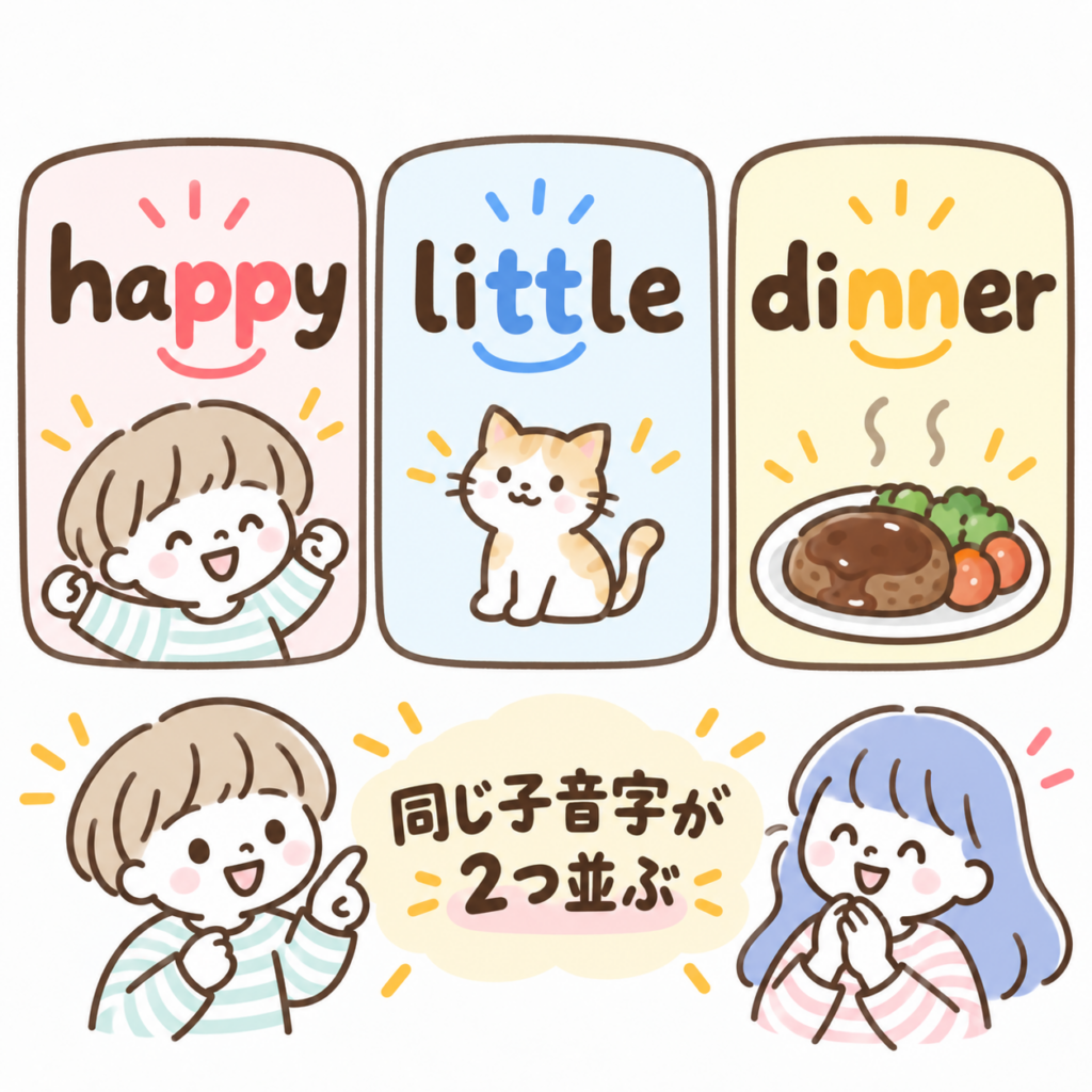 「happy→pp / little→tt / dinner→nn」の基本図