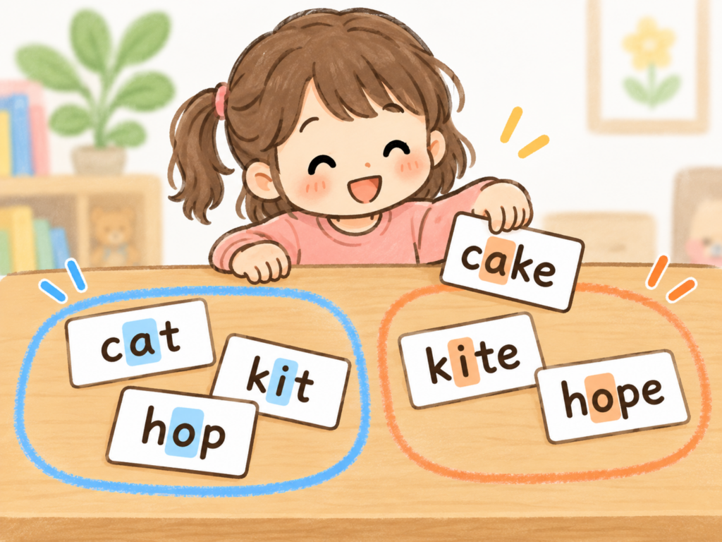 机の上に cat cake kit kite hop hope の6枚のカード