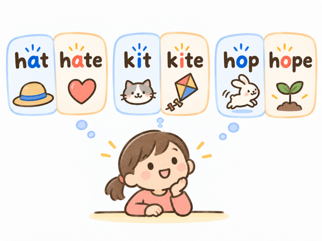hat / hate、kit / kite、hop / hope を3組並べた比較図
